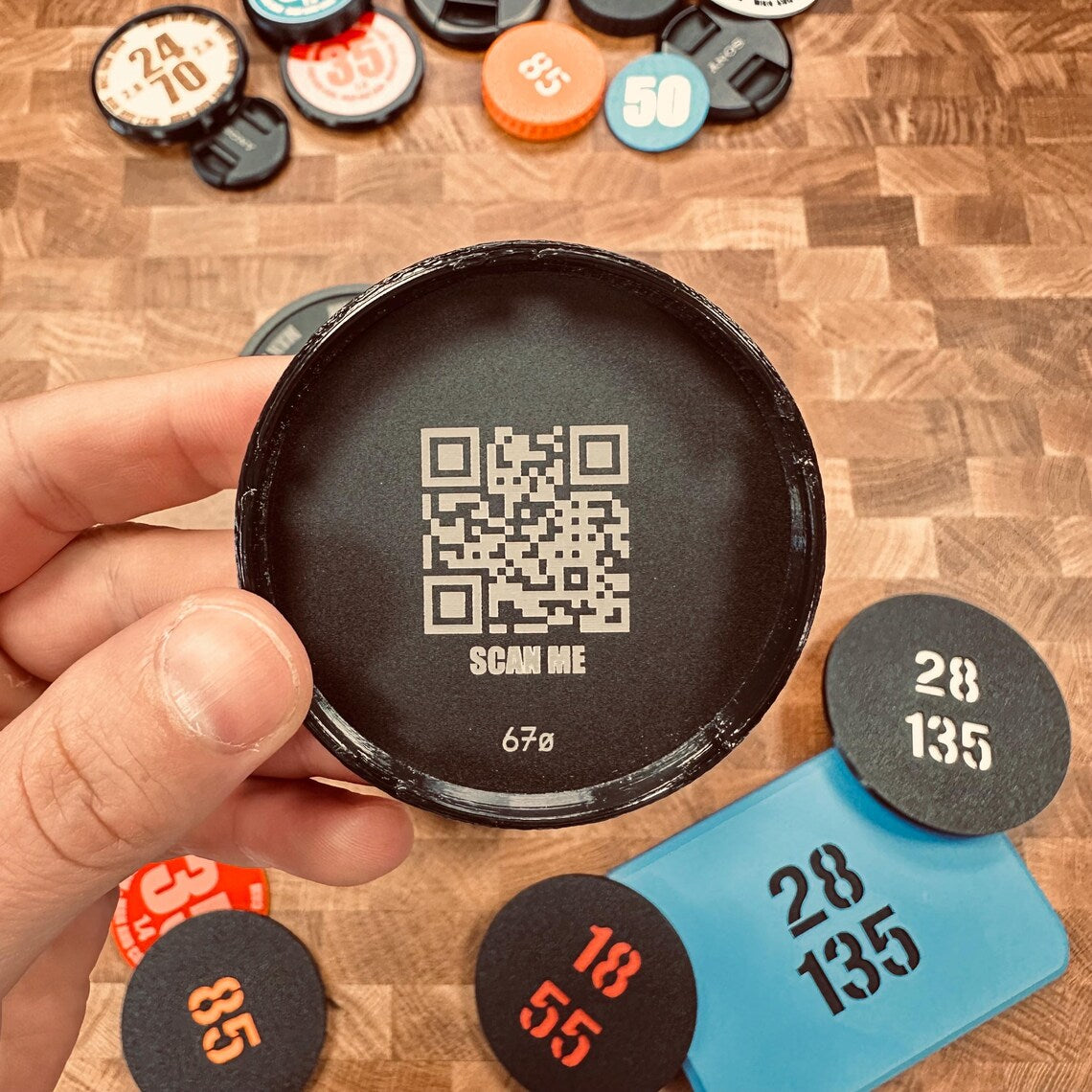 Front Lens Caps | Mat Black | Rubber | Every ø Available | Laser Engraving | Custom Tekst And QR Code